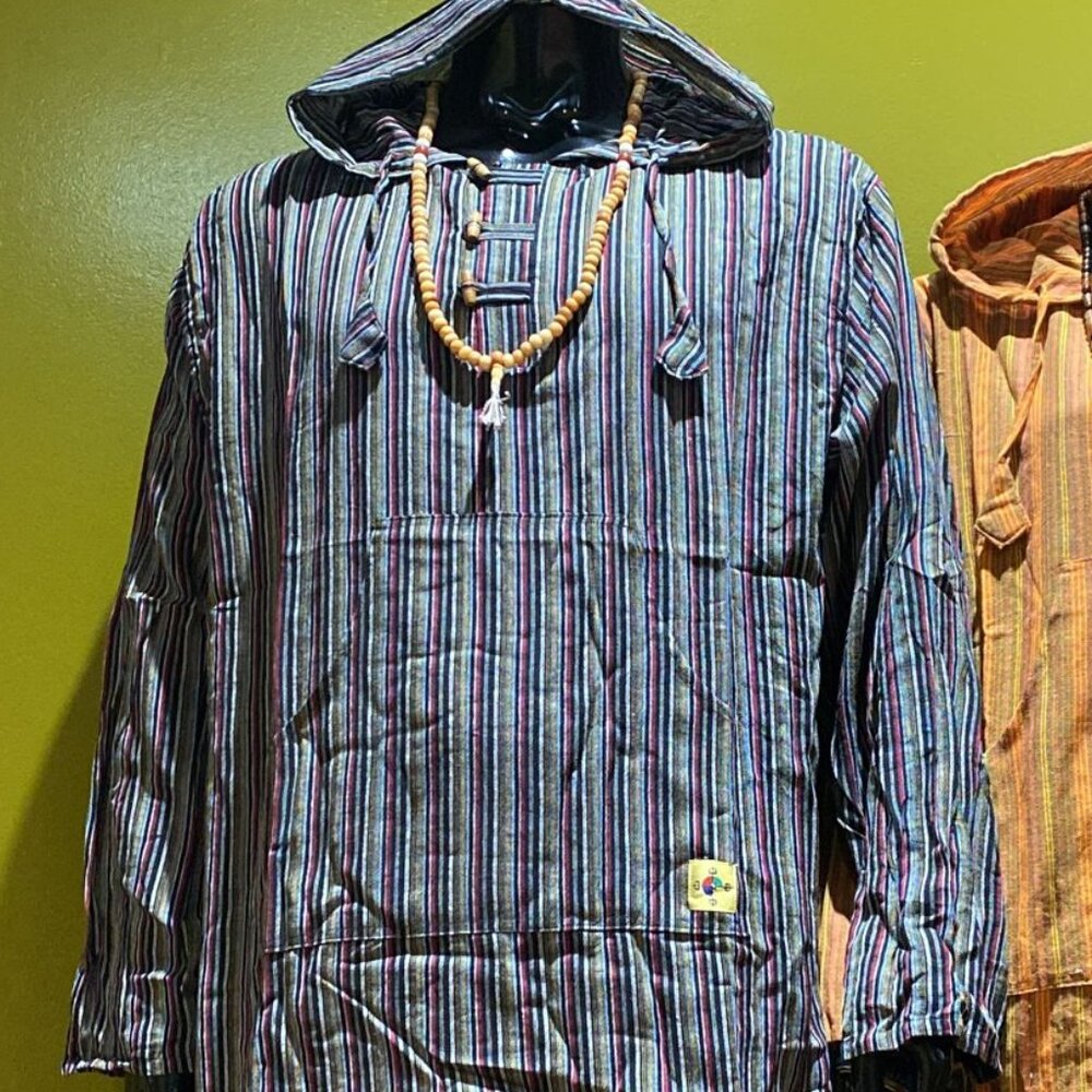 Cotton Baja Hoodie With Pocket - Stripes (Black)